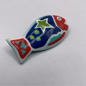 Talbots Red, Blue, Green Wood Tropical Hand Painted Fish Pin Brooch
